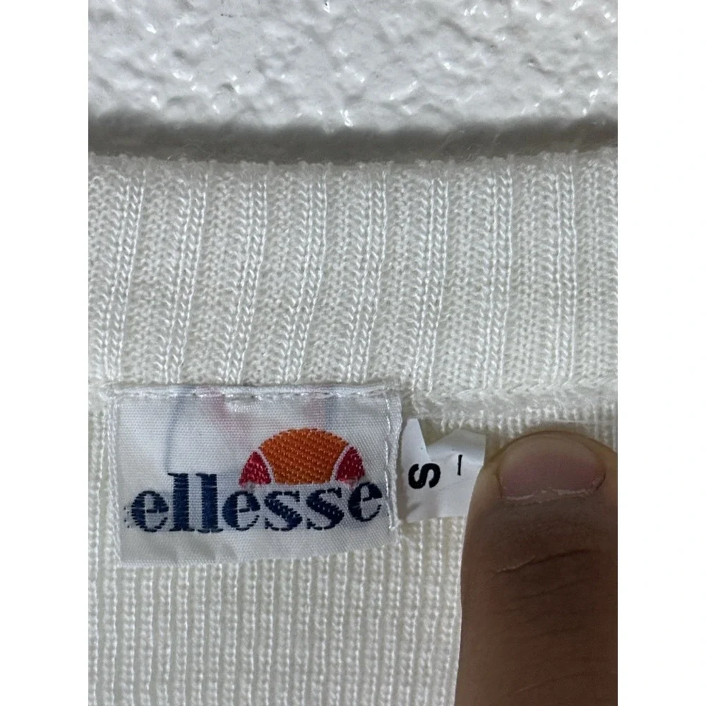 Vintage Ellesse Sweater Vest White Blue Striped Embroidered Logo V Neck